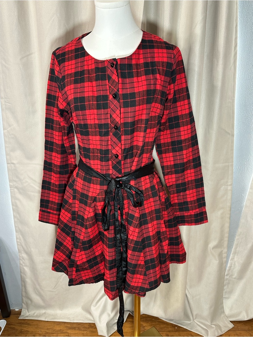 Allegra K Red and Black Plaid Long-Sleeve Fit & Flare Dress